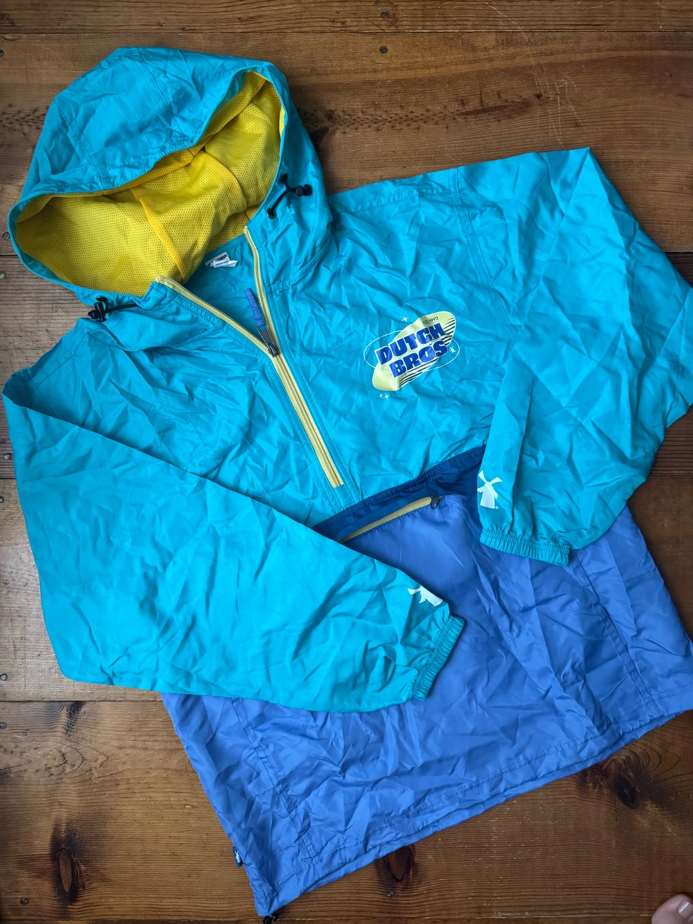 Dutch Bros Teal & Purple PACKABLE Hooded Anorak Rain Jacket with Yellow Accents